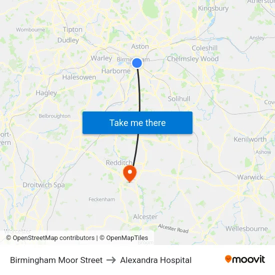 Birmingham Moor Street to Alexandra Hospital map