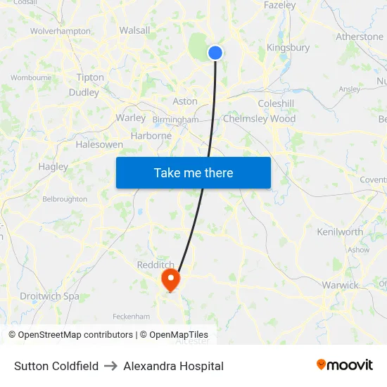 Sutton Coldfield to Alexandra Hospital map