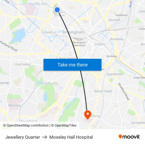Jewellery Quarter to Moseley Hall Hospital map