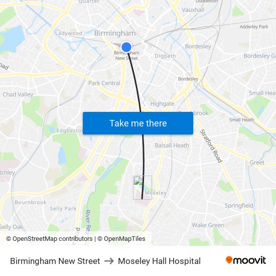 Birmingham New Street to Moseley Hall Hospital map