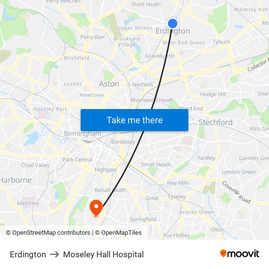 Erdington to Moseley Hall Hospital map