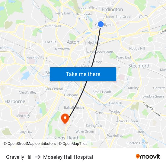 Gravelly Hill to Moseley Hall Hospital map