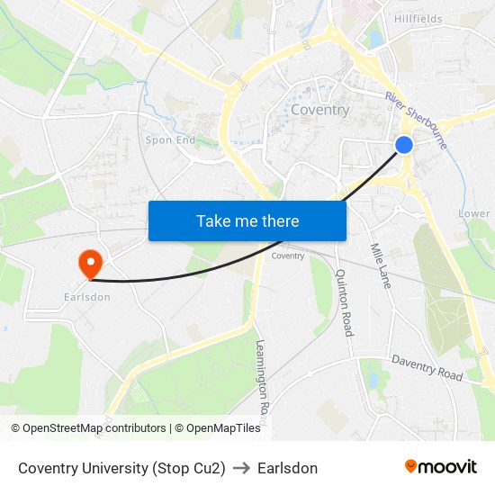 Coventry University (Stop Cu2) to Earlsdon map