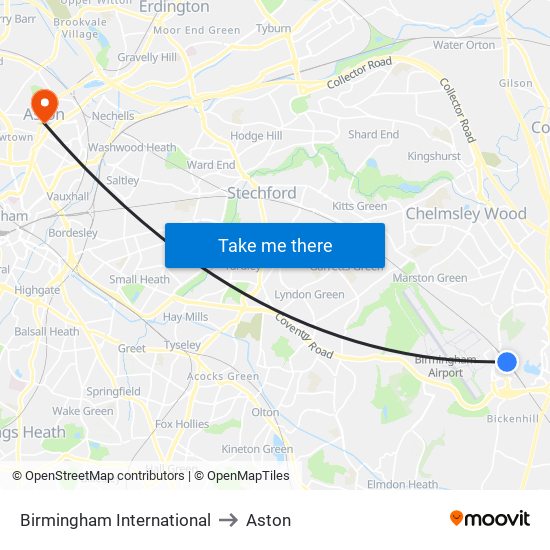 Birmingham International to Aston map