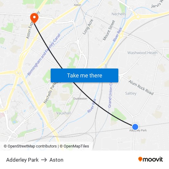 Adderley Park to Aston map