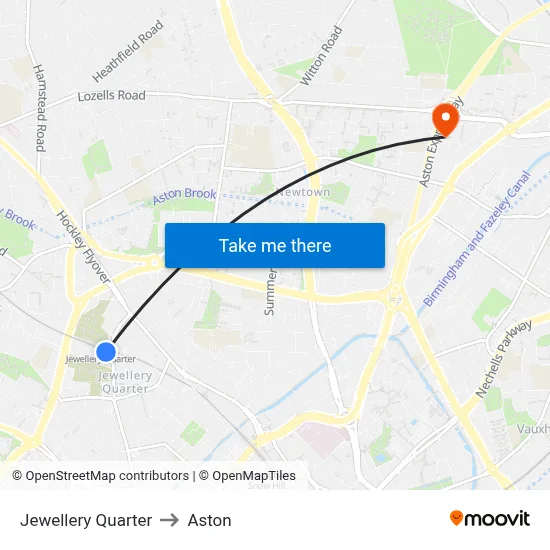 Jewellery Quarter to Aston map