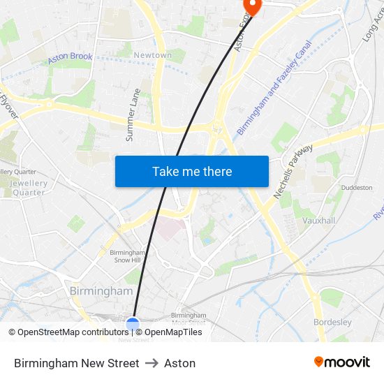 Birmingham New Street to Aston map