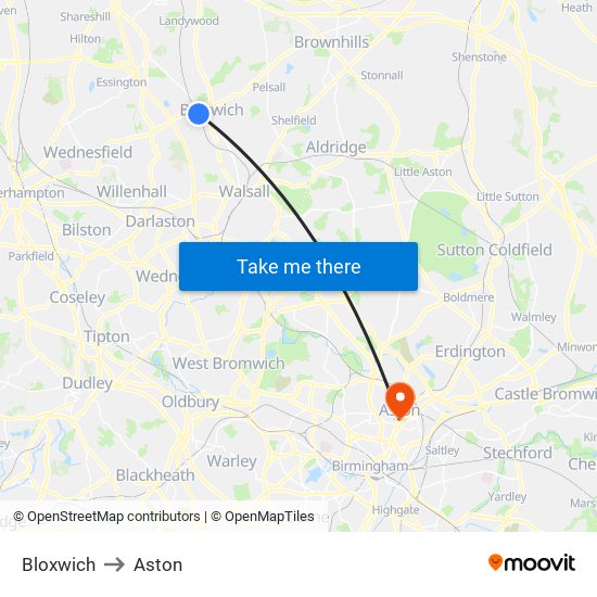 Bloxwich to Aston map