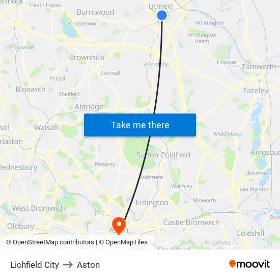 Lichfield City to Aston map