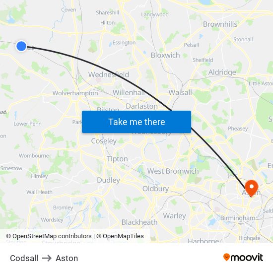 Codsall to Aston map