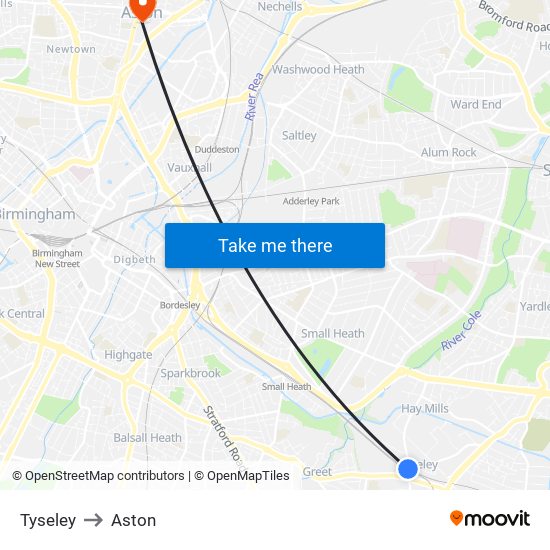 Tyseley to Aston map