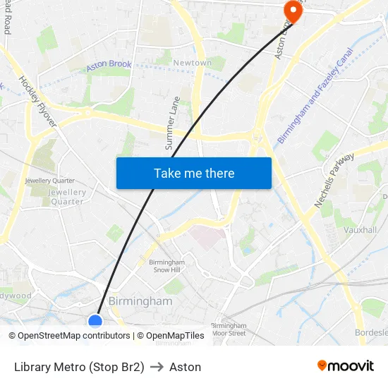 Library Metro (Stop Br2) to Aston map