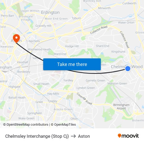 Chelmsley Interchange (Stop Cj) to Aston map