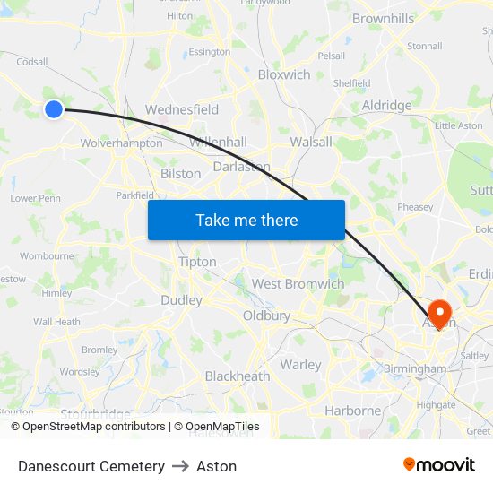 Danescourt Cemetery to Aston map