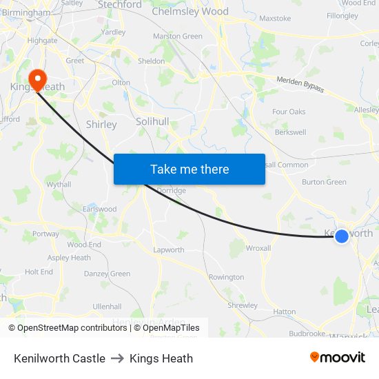 Kenilworth Castle to Kings Heath map