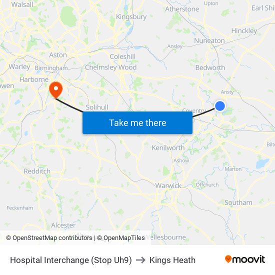 Hospital Interchange (Stop Uh9) to Kings Heath map