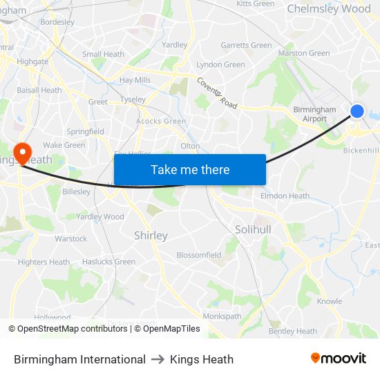 Birmingham International to Kings Heath map