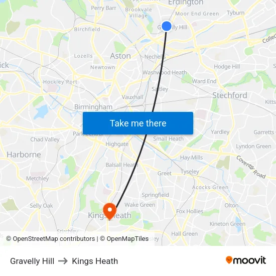 Gravelly Hill to Kings Heath map