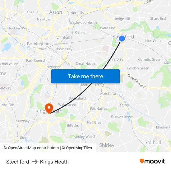 Stechford to Kings Heath map