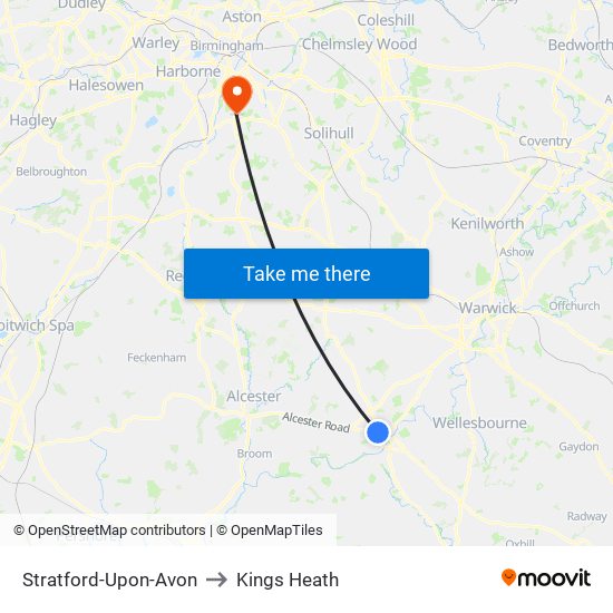 Stratford-Upon-Avon to Kings Heath map