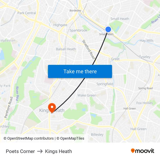 Poets Corner to Kings Heath map