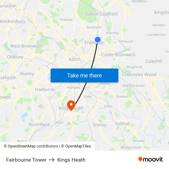 Fairbourne Tower to Kings Heath map