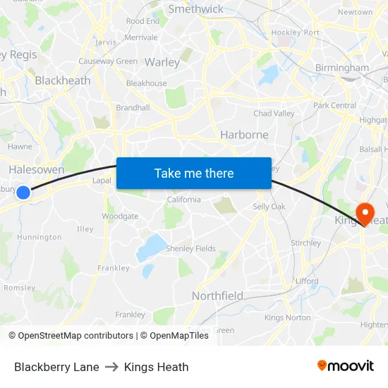 Blackberry Lane to Kings Heath map