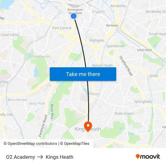 O2 Academy to Kings Heath map