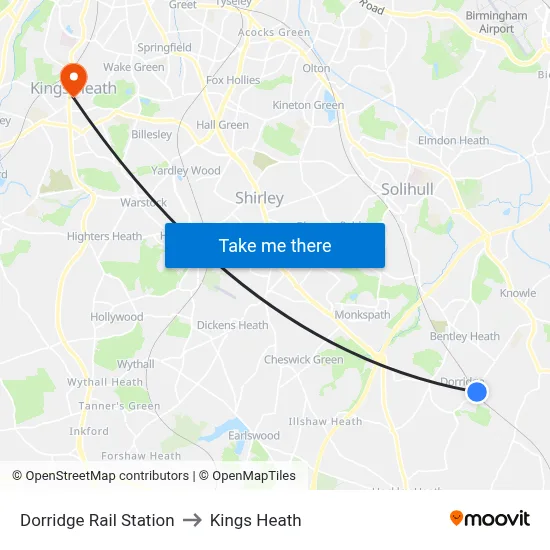 Dorridge Rail Station to Kings Heath map