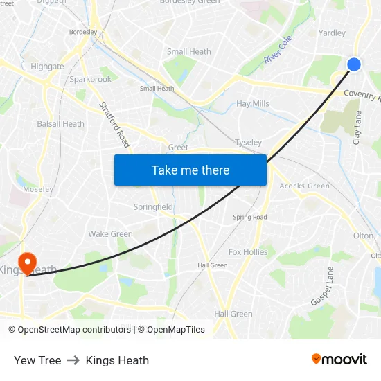Yew Tree to Kings Heath map