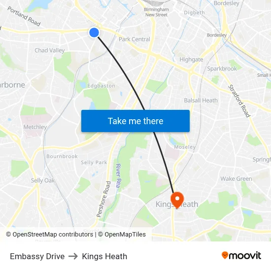 Embassy Drive to Kings Heath map
