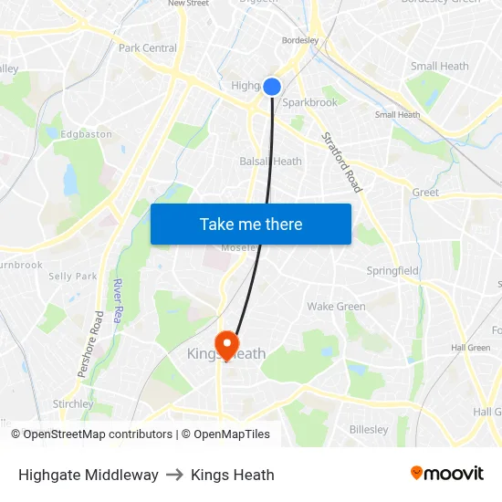 Highgate Middleway to Kings Heath map