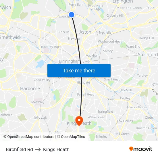 Birchfield Rd to Kings Heath map