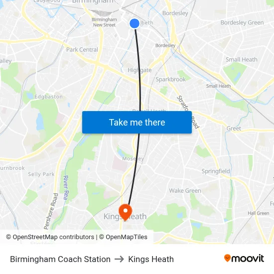 Birmingham Coach Station to Kings Heath map