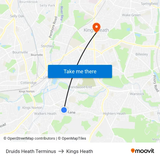Druids Heath Terminus to Kings Heath map