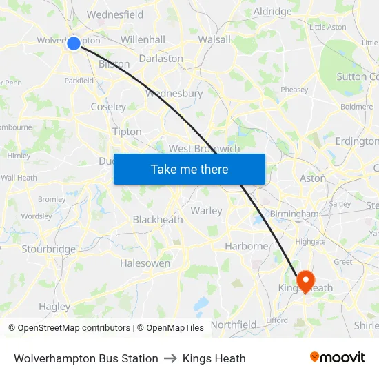 Wolverhampton Bus Station to Kings Heath map