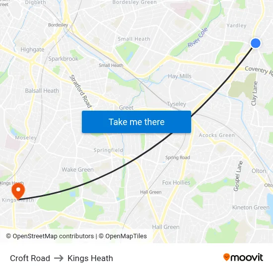 Croft Road to Kings Heath map