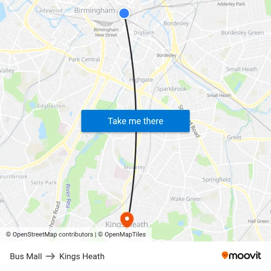 Bus Mall to Kings Heath map