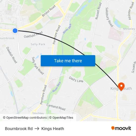 Bournbrook Rd to Kings Heath map