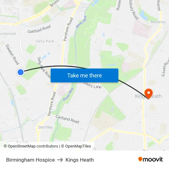 Birmingham Hospice to Kings Heath map
