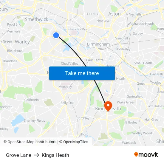 Grove Lane to Kings Heath map
