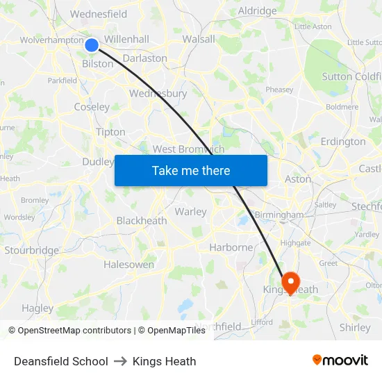 Deansfield School to Kings Heath map
