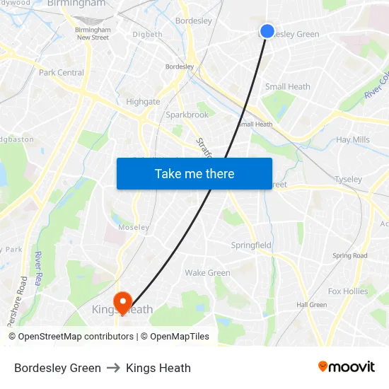 Bordesley Green to Kings Heath map