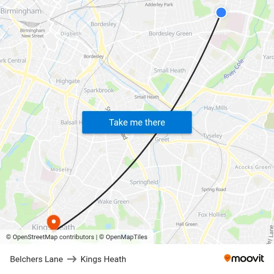 Belchers Lane to Kings Heath map