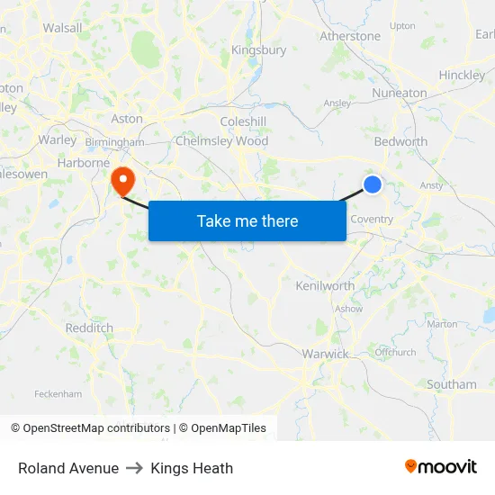 Roland Avenue to Kings Heath map