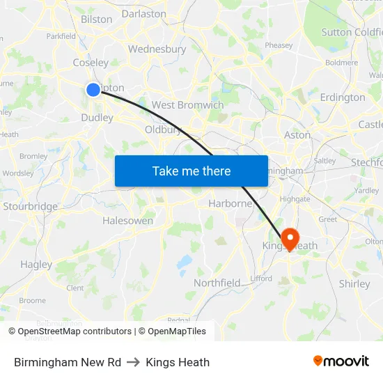 Birmingham New Rd to Kings Heath map