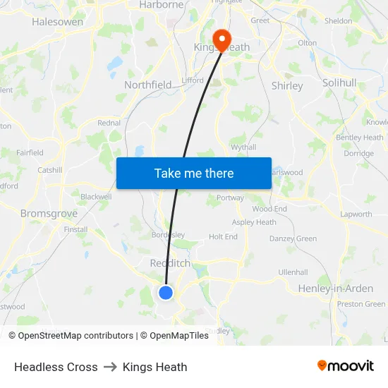 Headless Cross to Kings Heath map