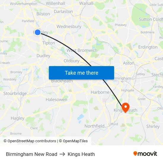 Birmingham New Road to Kings Heath map