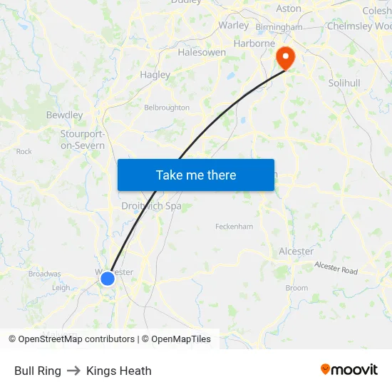 Bull Ring to Kings Heath map