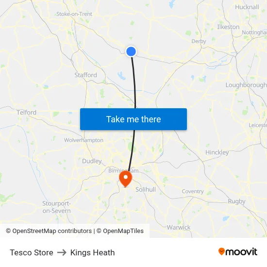 Tesco Store to Kings Heath map